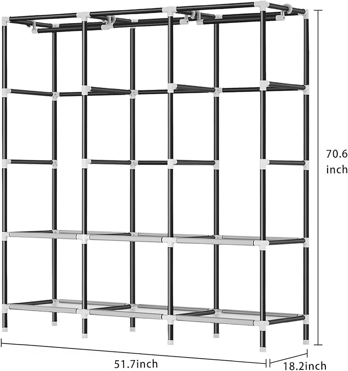 LOKEME Wardrobe Closet,Portable Closet for Bedroom Steel Pipe Diameter 19mm Strong and Sturdy Grey Portable Closets for Hanging Clothes with 3 Hanging rods, 6 Storage Shelves and Side Pockets