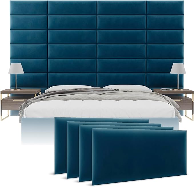 Vänt Upholstered Wall Panels - Queen/Full Size Wall Mounted Velvet Headboards - Velvet Peacock Blue - Set of 4 Panels (Each Individual Panel 30"x11.5")