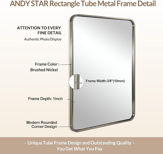 ANDY STAR Brushed Nickel Bathroom Mirror, 30x36’’ Rounded Corner Rectangle Nickel Mirror Bathroom Vanity Mirror Tube Metal Framed, SUS304-Anti-Rust Wall-Mounted Horizontal/Vertical 1’’ Deep