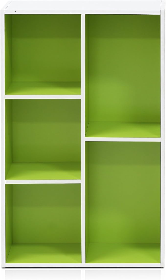 Furinno LUDER Book Shelf, 5-Cube Bookshelf, Reversible Bookcase, 9.4" x 19.5" x 31.5", for Living Room, Bedroom, Home Office, White/Green