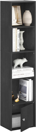 Furinno LUDER Book Shelf, 5-Tier Modern Bookshelf, Bookcase with 1 Door Storage Cabinet, 9.3" x 12" x 52", for Living Room, Bedroom, Home Office, Blackwood