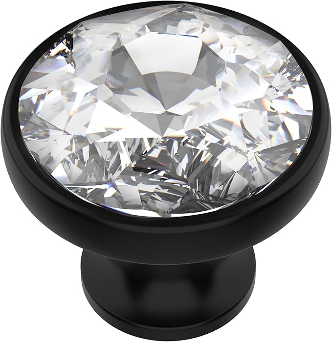 Alzassbg 6 Pack Clear Crystal with Matt Black Base Cabinet Knobs, 1-3/8 Inch (35mm) Diameter Cabinet Hardware Round Crystal Knobs for Drawers AL1011MB