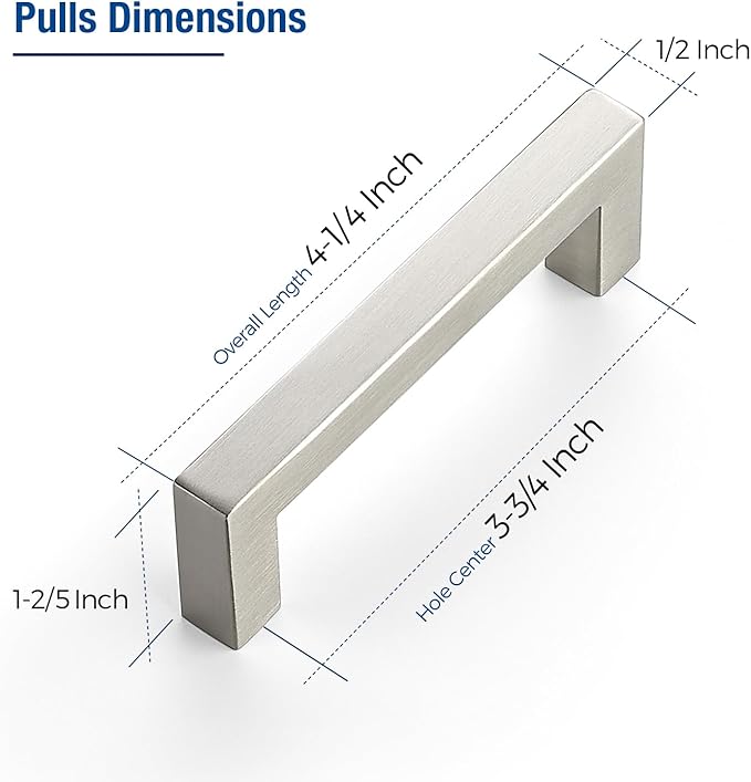 JOY DECOR 4 Pack Cabinet Handles, Brushed Nickel Cabinet Pulls, 3-3/4 Inch Kitchen Closet Handles Square Drawer Pulls Stainless Steel Drawer Hardware, 96mm Hole Centers