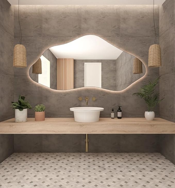 Asymmetrical Bathroom LED Mirror, Modern Irregular Shape Wall Mirror with LED Lights, Frameless Aesthetic Backlit LED Illimunated Vanity Mirror (60" x 30" inc)