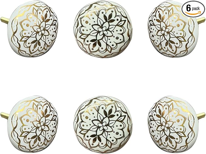 Perilla Home Set of 6 Decorative Round Shape Ceramic Knobs for Room Kitchen Cabinet Hardware Cupboard Door Knobs Dresser Wardrobe and Drawer Pulls (White & Gold)