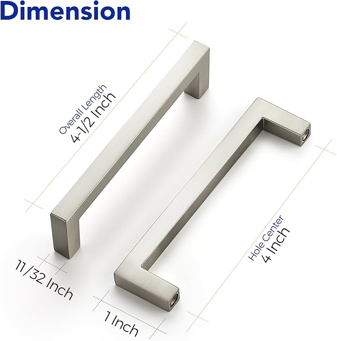 Ravinte 20 Pack Solid 4 Inch Center to Center Slim Square Bar Drawer Handles - Cabinet Hardware Brushed Nickel Pulls for Kitchen and Drawers