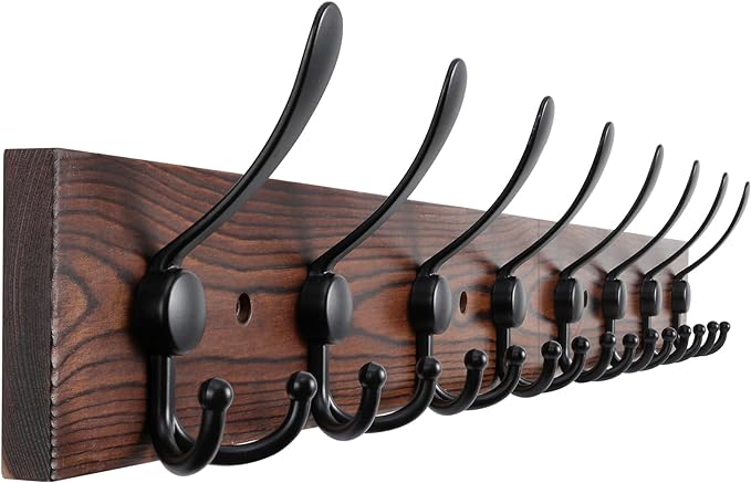 32.2'' Large Coat Rack Wall Mount Coat Hooks Coat Hanger with 8 Metal Black Triple- Hooks Brown Pine Real Wood Plank Hat Rack for Wall Hooks for Hanging Coat Hat Jacket
