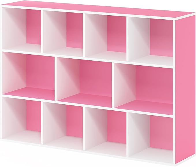 Furinno LUDER Book Shelf, 11-Cube Bookshelf, Reversible Bookcase, 9.4" x 29.1" x 41.7", for Living Room, Bedroom, Home Office, White/Pink