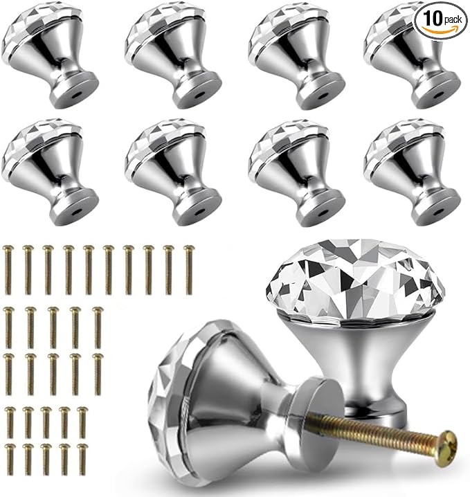 30mm Kitchen Cabinet Knobs Drawer Pull Handle Hardware, Crystal Clear Glass Round Diamond Shape Dresser Closet Bi-fold Door Bathroom Cupboard Desk Nightstand Furniture Decorative Drawer Knobs （10PCS）
