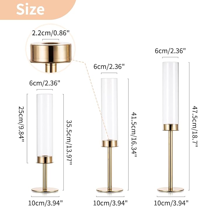 Nuptio Glass Hurricane Candle Holder: Set of 6 Gold Candlestick Holders - Long Stem Taper Candleholders for Christmas Tabletop Centerpiece Fireplace Decor Cylinder Candle Stand Windproof 14" 16" 18"