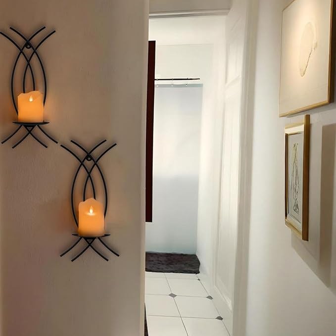 Wall Sconce Black Wall-Mount Metal Iron Wall Candle Sconce Holder Hanging Art Home Decoration Wall Mounted Decorative Candle Holder, Set of 2