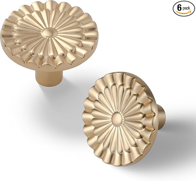 Champagne Bronze Cabinet Knobs 6 Pack Round Sunflower Dresser Drawer Hardware Furniture Cupboard Handles for Bathroom Single Hole Knob Kitchen SH-CB-K6