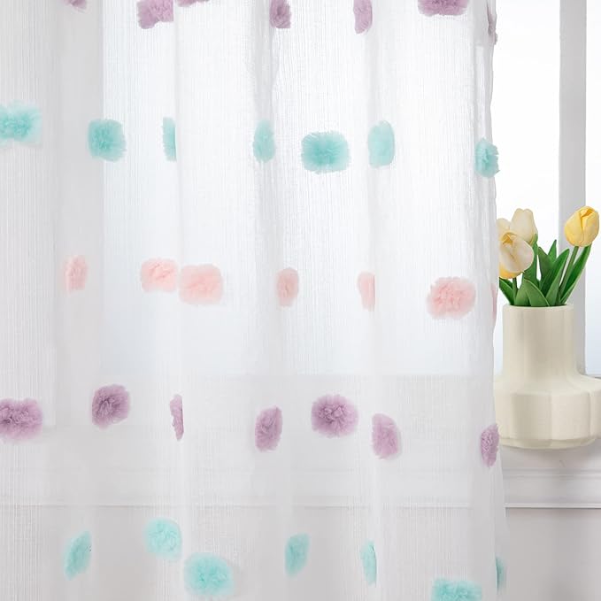 MYSKY HOME Rainbow Pom Pom Curtains for Bedroom, Living Room & Nursery - Set of 2, 63 Inch Length, Sheer, Rod Pocket, Farmhouse Style, 52 x 63 inch