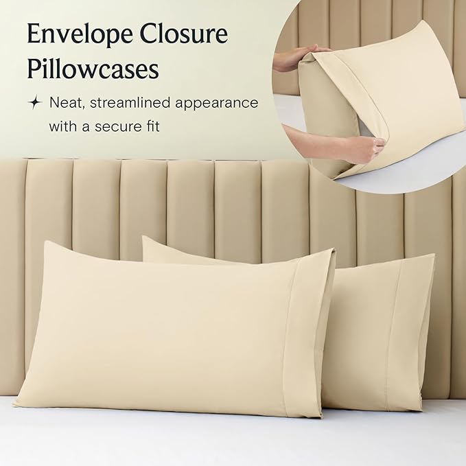LuxClub 4 PC King Size Sheet Set Deep Pockets Wrinkle Free Cooling Bed Sheets Machine Washable Hotel Bedding Silky Soft - Cream King