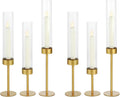 Glass Hurricane Candle Holders Set (6pcs)-Gold Metal Base Taper Candle Stick Holders for Candlesticks Holder Decor, Elegant Dining Table Centerpiece for Wedding, Christmas & Home Decor-Ribbed Glass