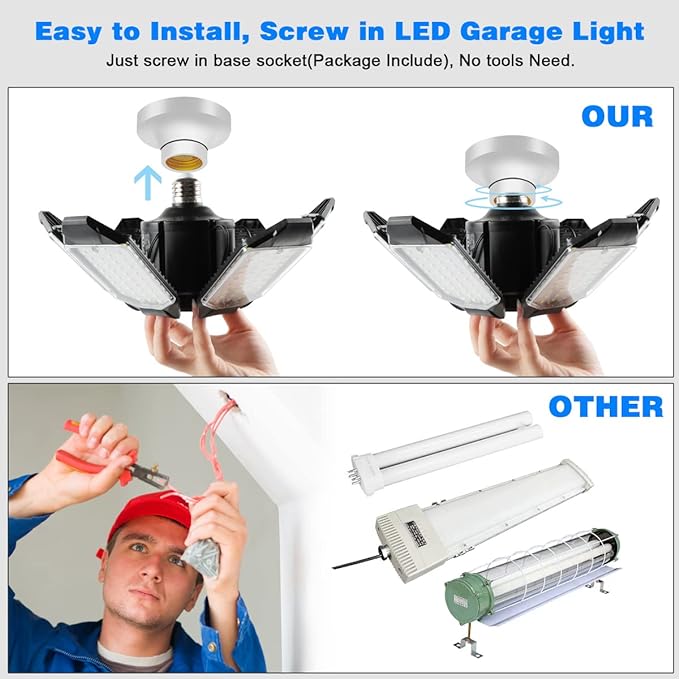 LED Garage Light - 160W LED Garage Ceiling Lights 16000LM Super Bright Garage Lighting with 6 Deformable Panels E26/E27 Screw in Led Shop Lights for Basement Workshop Warehouse Attic