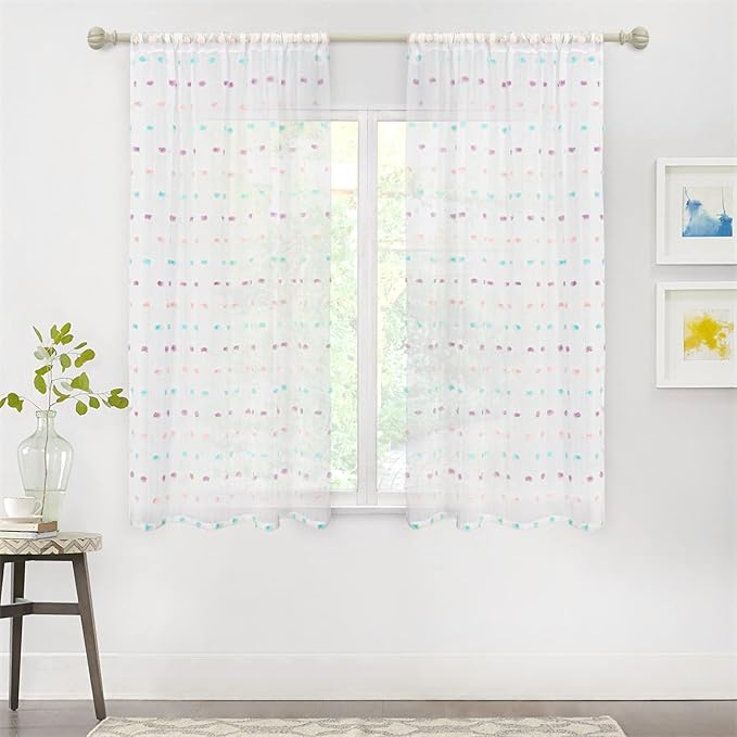 MYSKY HOME Pom Pom Curtains for Girls Bedroom Rainbow Nursery Curains for Boys Kids Room Colorful White Sheer Curtains for Living Room Playroom Rod Pocket Window 52" x 63" Set of 2