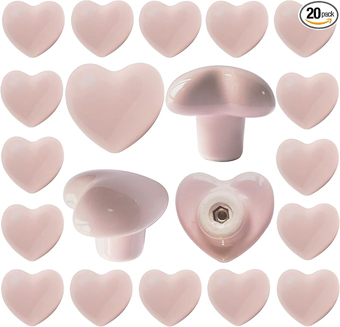 Ceramic Drawer Knobs Heart Shape Cabinet Dresser Pulls Handles with 3 Sized Screws, Kitchen Furniture Knobs for Closet Cupboard Wardrobe (20 Pack, Pink)