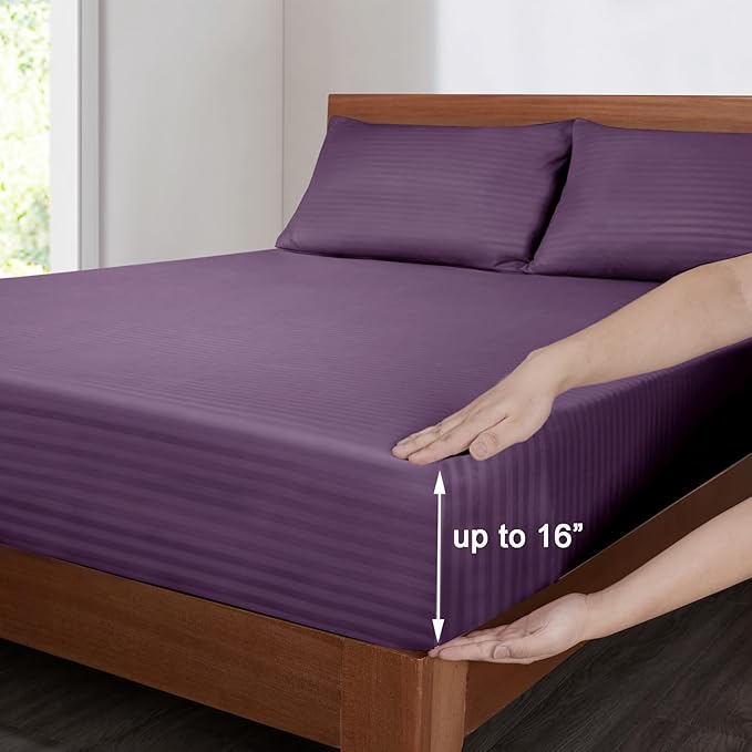 Mejoroom Striped Queen Size Sheet Set - Hotel Luxury 1800 Bedding Sheets & Pillowcases - Deep Pocket Fitted Sheet, Soft, Breathable, Wrinkle & Fade Resistant - 4 Piece (02-Purple)
