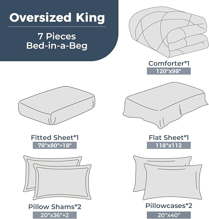 HEVUMYI Black 120x98 Oversized King Comforter Set - 7-Piece All Season Bed in a Bag Oversized King, Ultra Soft Bedding Set with 120 x 98 Comforter, Flat Sheet, Fitted Sheet, Pillowcases, Pillow Shams