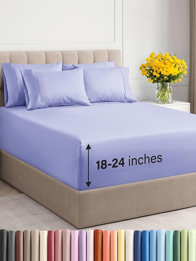 Extra Deep Queen Sheet Set - 6 Piece Breathable & Cooling Sheets - Hotel Luxury Bed Sheets Set - Easy & Secure Fit - Soft, Wrinkle Free & Comfy Sheets Set - Lavender Sheet Set with Extra Deep Pockets