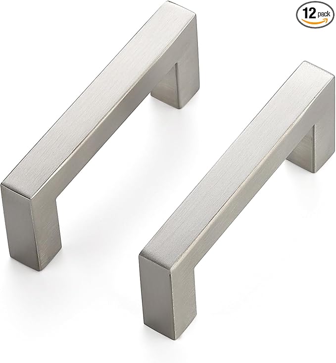 JOY DECOR 12 Pack Cabinet Handles, Brushed Nickel Cabinet Pulls, 3 Inch Kitchen Closet Handles Square Drawer Pulls Stainless Steel Drawer Hardware, 76mm Hole Centers