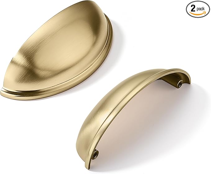khtumeware 2 Pack 3-1/2" Drawer Pulls Brushed Brass Cabinet Cup Pulls Kitchen Hardware Cabinet Handles Drawer Handles Knobs 3.5 inch Hole Center