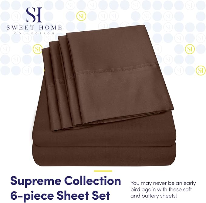Sweet Home Collection 6 Piece 1500 Supreme Collection Brushed Microfiber Deep Pocket Sheet Set-2 Extra Pillow Cases, Great Value, Rv Short Queen, Brown