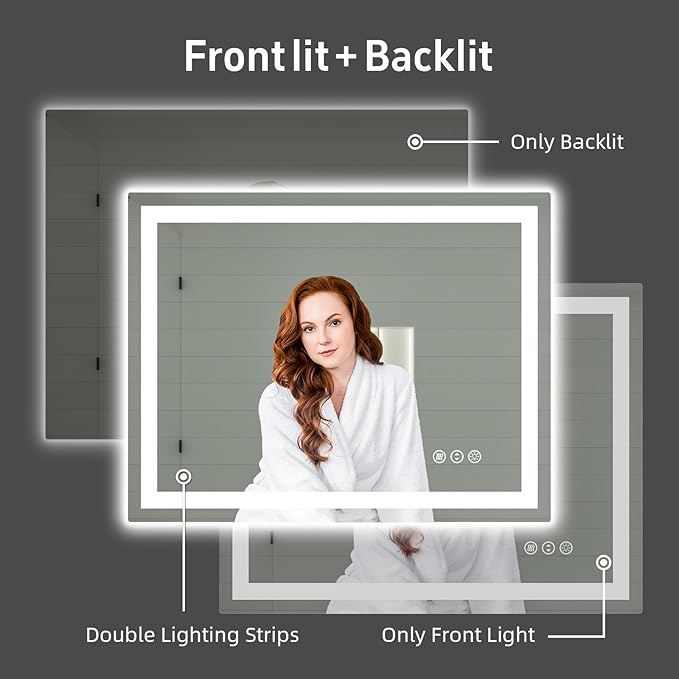 36"x 30" LED Bathroom Mirror with Lights, Smart Dimmable Vanity Mirrors for Wall, Anti-Fog, Dimmable, Backlit + Front Lit, Memory Shatterproof Smart Mirror for Bathroom (Horizontal/Vertical)