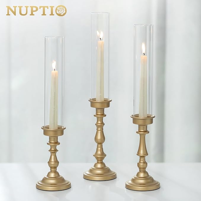 NUPTIO Gold Candlestick Holders Bulk: Set of 6 Tall Hurricane Glass Taper Candleholders - Vintage Candles Stick Stand for Wedding Bridal Shower Birthday Party Centerpiece Decor