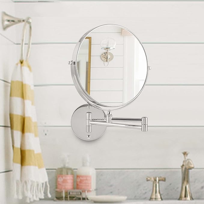 OVENTE 9" Wall Mounted Makeup Mirror with 1X/7X Magnification, Double Sided Magnifying Round Bathroom Vanity Mirror, 360° Swivel Design, Extendable and Folding Arm, Polished Chrome MNLFW90CH1X7X