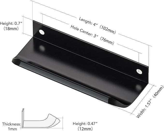 Ravinte Hardware 20 Pack Black Cabinet Handles, 4 Inch (102mm) Finger Edge Pulls, 3 Inch Hole Center, Finger Pulls for Cabinets