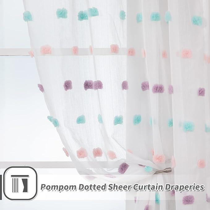 MYSKY HOME Pom Pom Curtains 84 Inch Length for Girls Bedroom 2 Panels Rainbow Curtains 84 Inch Long for Living Room Laundry Kids Nursery Rod Pocket Farmhouse Dining Room Window Drape 37" x 84"