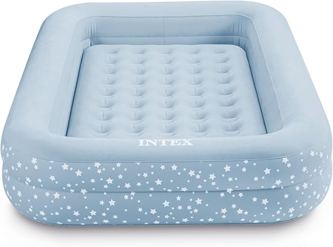 Intex 66810FL Inflatable Kidz Travel Bed Set, Includes Hand Pump and Carry Bag, Removable Mattress, Quick Inflation, Indoor Use, 42in x 66in x 10in, Blue with Star Print Frame