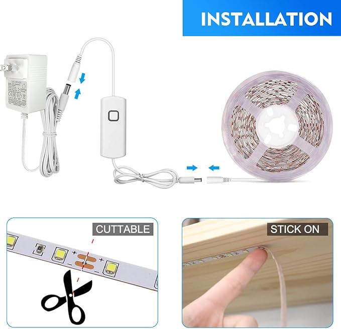 MYPLUS Under Cabinet Lighting Kit, 50Ft Dimmable Led Strip Lights with 900 LEDs, 24V, Low Power Safety Adapter, Flexible Tape Light for Kitchen Cabinet,Bedroom,Counter,Shelf (Warm White-3000k)