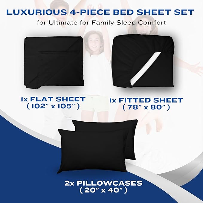 DREAMCARE Full Size Sheets - Cooling Bed Sheets - 4pcs Set - up to 15" Deep Pocket Full Sheet Set - Sheets Full Size Bed - Soft & Long Lasting 100% Fine Brushed Polyester with Side Pocket - Black
