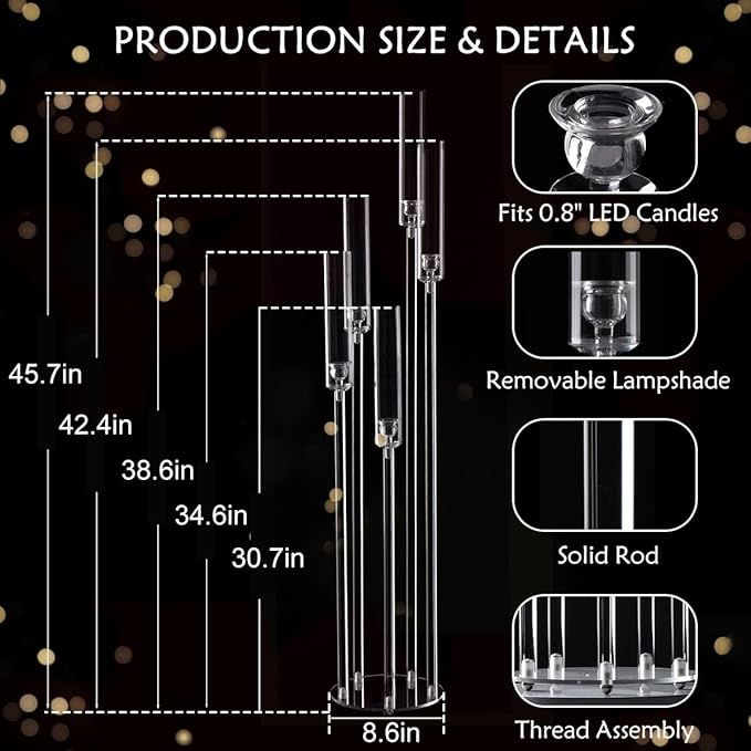 8pcs 5 Arm Floor Candelabra,Acrylic Floor Candle Holder for Wedding Centerpiece Tall Clear Candle Holders for Ceremony Birthday Party Home Decoration Fit 0.8 LED Candles