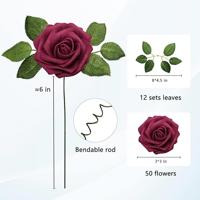 JOYLEX Artificial Flowers Realistic Roses, 25pcs Dark Red Real Looking Fake Roses with Stem for DIY Wedding Bouquets Centerpieces Bridal Shower Party Home Romantic Decorations (Wine Red)