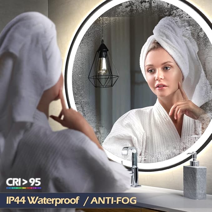 LED Sensor Mirror, Round Human Body Induction, Black Framed Vanity Mirror, Illuminated Dimmable Anti Fog IP44 Waterproof Wall Mounted Mirror (24" L x 24" W)