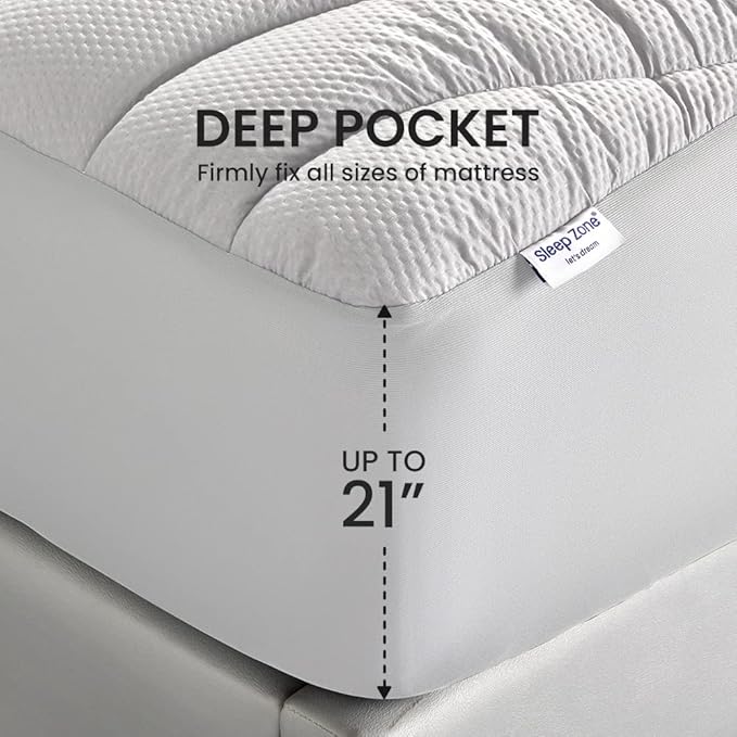 SLEEP ZONE Cooling Twin Mattress Topper for Single Bed, Premium Zoned Quilted Mattress Pad, Fitted Mattress Protector Cover, Machine Wash Durable, Deep Pocket 8-21 inch, Silver Grey, Twin