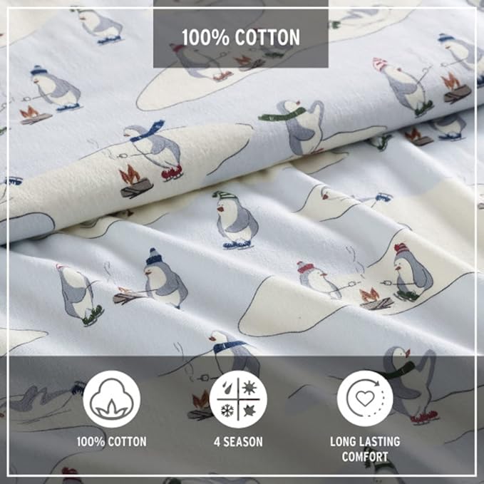 Eddie Bauer - Full Sheets, Cotton Flannel Bedding Set, Brushed For Extra Softness, Cozy Home Decor (Skating Penguin, Full)
