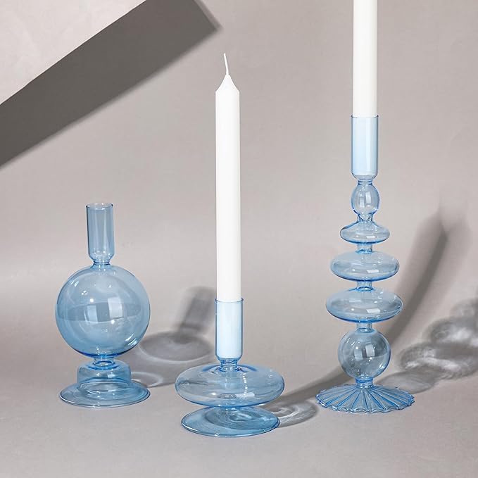 Rtteri 3 Pcs Glass Candlestick Holders Glass Candle Holders Groovy Wavy Elegant Taper Candle Stick for Wedding Home Birthday Party Christmas Halloween Decoration Windowsill Decor(Light Blue)