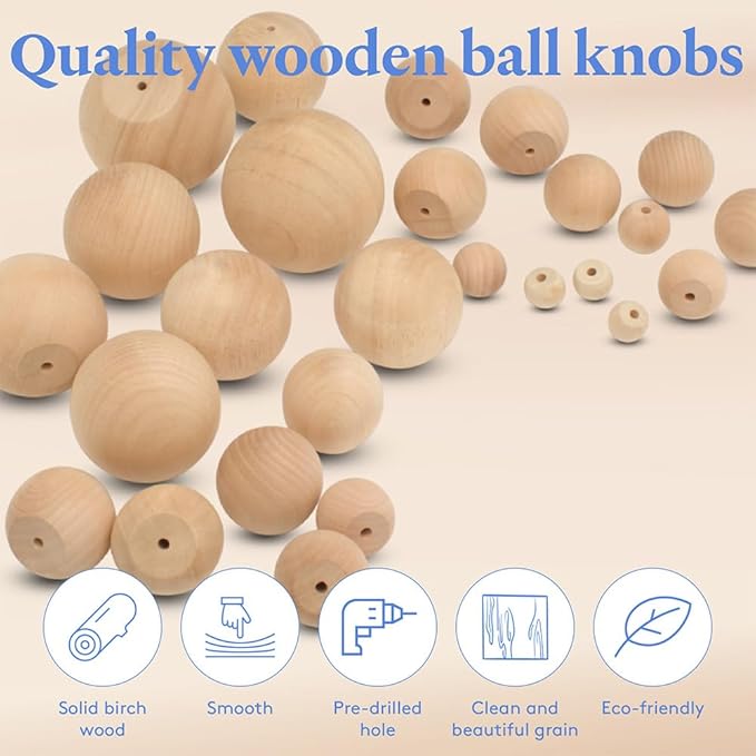 Wood Knobs, 2 Inch Round Natural Wood Drawer Pulls, Pack of 50 Unfinished Wooden Drawer Knobs, Ball Shaped Wood Cabinet Knobs, Nursery Dresser Knobs, Wood Door Knobs and Crafts