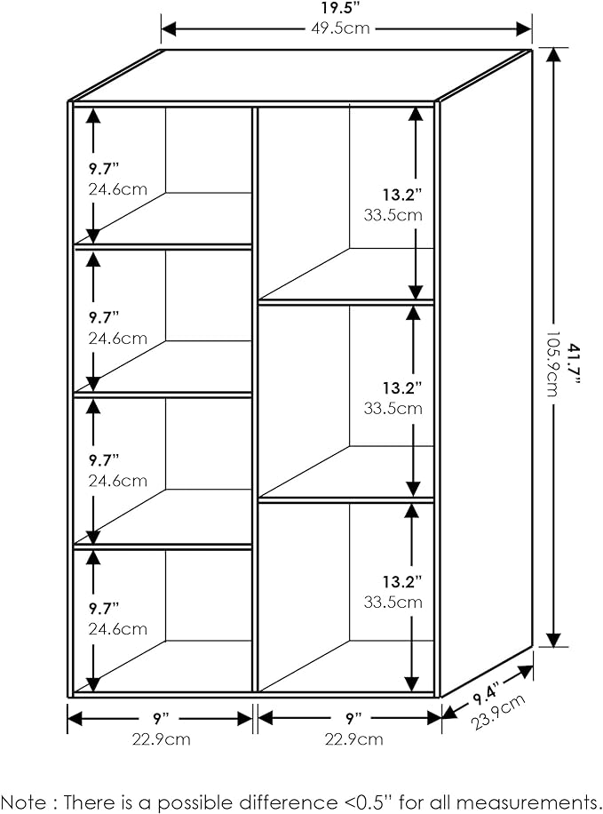 Furinno LUDER Book Shelf, 7-Cube Bookshelf, Bookcase, 9.4" x 19.5" x 41.7", for Living Room, Bedroom, Home Office, White/Pink