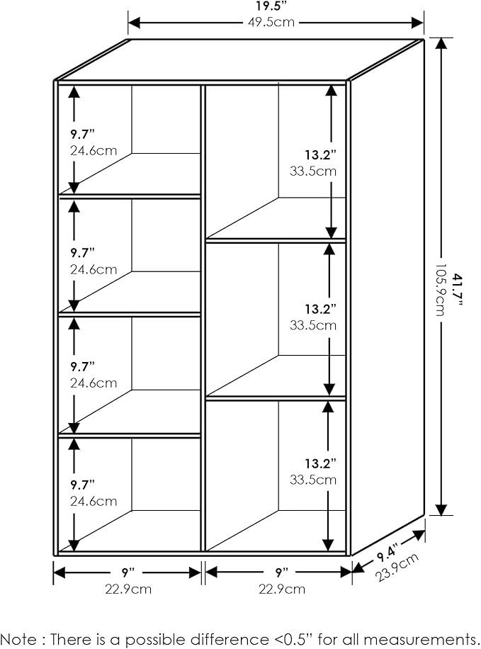 Furinno LUDER Book Shelf, 7-Cube Bookshelf, Bookcase, 9.4" x 19.5" x 41.7", for Living Room, Bedroom, Home Office, French Oak