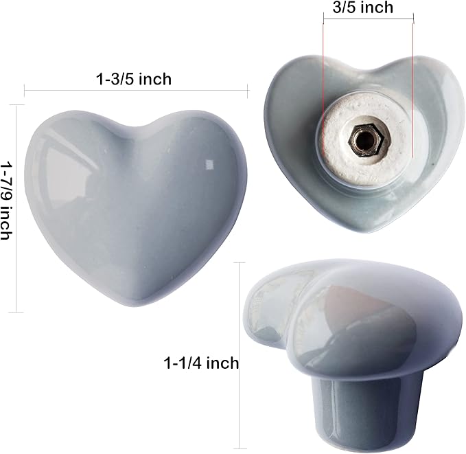 Ceramic Drawer Knobs Heart Shape Cabinet Dresser Pulls Handles with 3 Sized Screws, Kitchen Furniture Knobs for Closet Cupboard Wardrobe (Grey, 10 Pack)