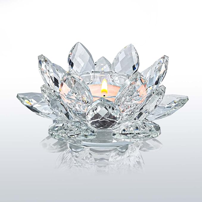 Crystal Lotus Flower Tealight Candle Holders/Glass Tea Light Candlestick Decor Decoration for Christmas Home Wedding Party… (Clean 1pc)