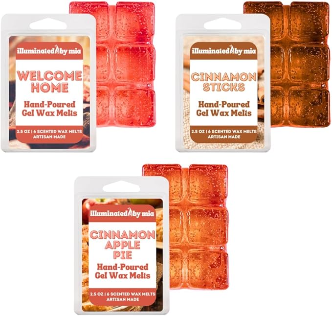 Cinnamon Trio Gel Wax Melts - Jelly Cubes for Wax Warmer, Reusable Mess Free 96 Hr Burn Time, Paraben Phthalate Free Melts, Includes Welcome Home, Cinnamon Sticks, Cinnamon Apple Pie