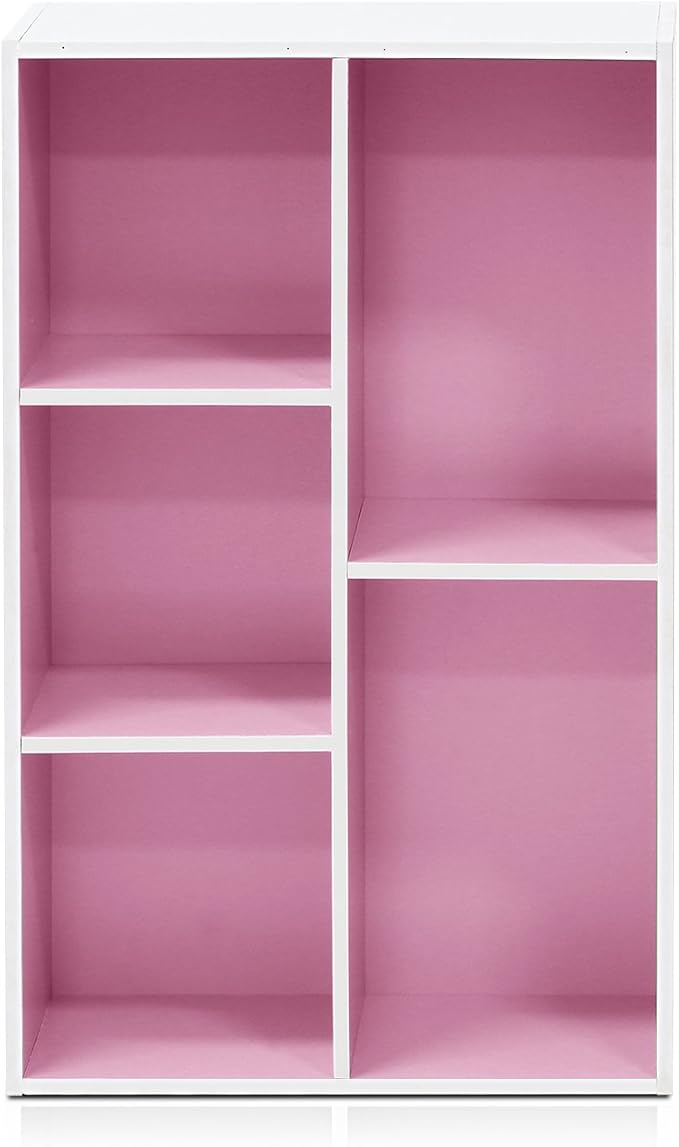 Furinno LUDER Book Shelf, 5-Cube Bookshelf, Reversible Bookcase, 9.4" x 19.5" x 31.5", for Living Room, Bedroom, Home Office, White/Pink