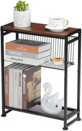 Small Side Table for Small Spaces - Slim End Table with Magazine Holder - 2 in 1 Design Narrow End Table Living Room - Skinny Bedside Table Nightstand Bedroom Thin Side Table, Cherry